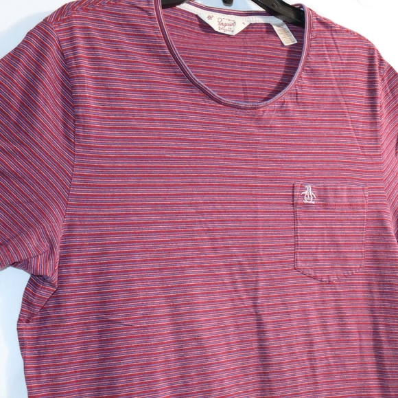 ORIGINAL PENGUIN Shirt Short Sleeve Red white pocket  Striped XL - Picture 8 of 9